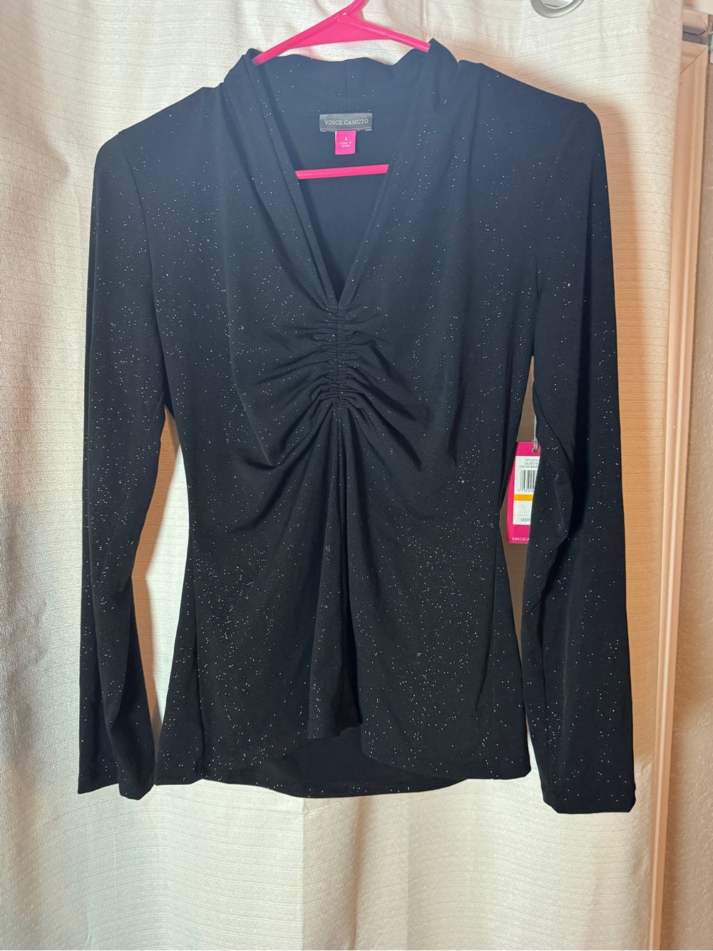 Vince Camuto Black Sparkle Ruched V-Neck Long Sleeve Top